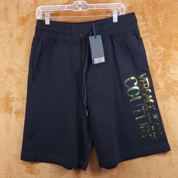 VERSACE Sweat Shorts Mens Medium Black Drawstring Logo Spellout $400 - Picture 1 of 10